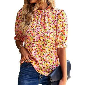 BTFBM Womens Shirt Blouse Size Small Yellow Pink Floral Print Pullover Ruffle